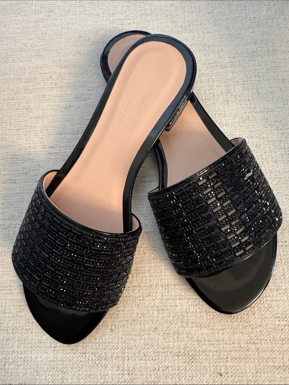 Chinese Laundry Black Beaded Slide Mules